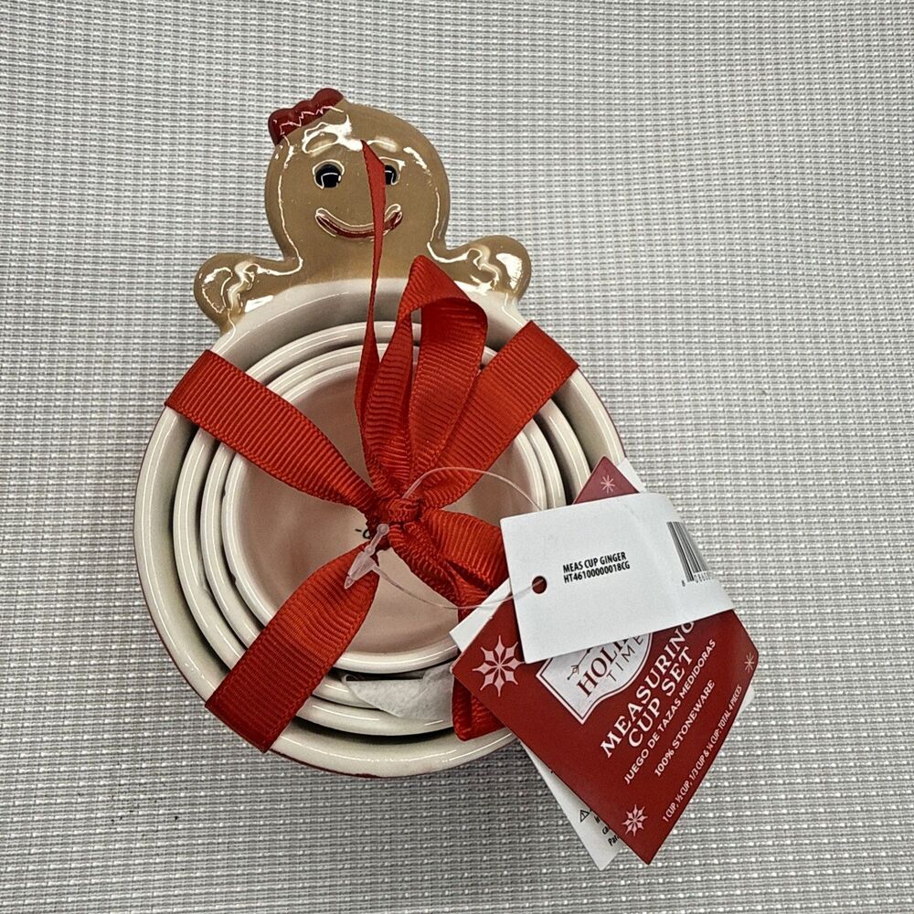 New! 4 Gingerbread Nesting  Measuring Cup Set Candy Cane Peppermints Stoneware
